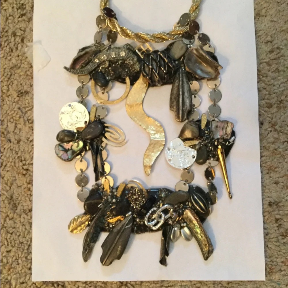 Vintage Steampunk Upcycled Silver Gold Metal Beaded Bib Rope Necklace Artsy XL
